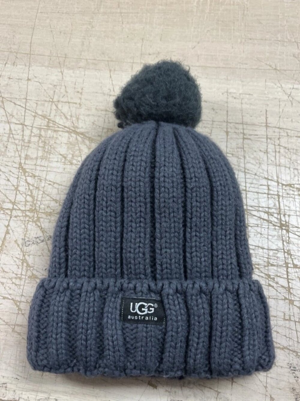 UGG Womens Gray Taille Unique Pom Pom Knit Rib Hat Fur Lined